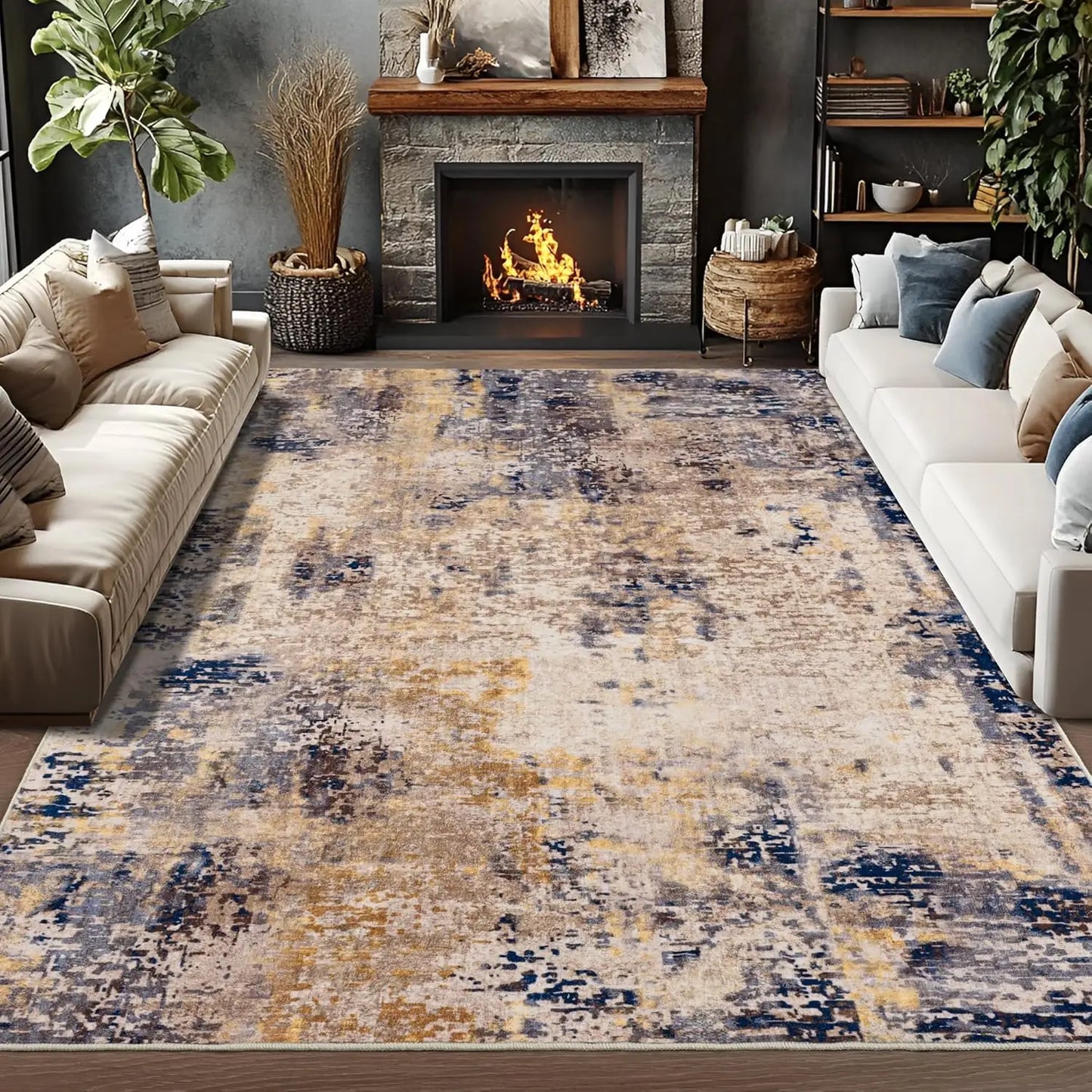 Living Room Area Rug Soft Large Modern Abstract Boho Vintage Low Pile Machine Washable Non-Slip