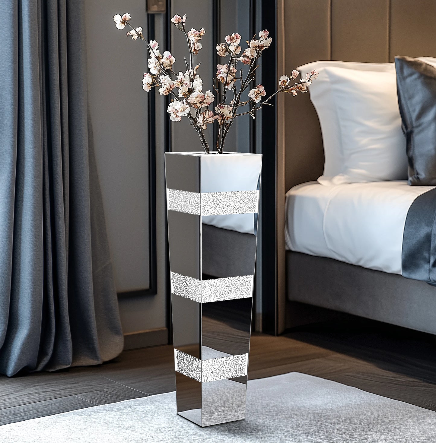 Tall Crushed Diamond Floor Mirror Vase – Modern Crystal Glass Centerpiece