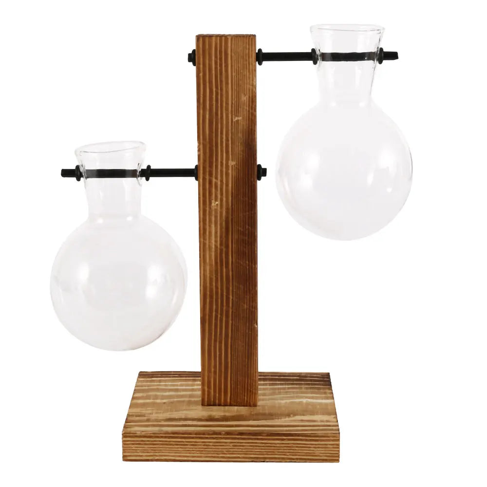 Vintage Wooden Terrarium Vase – Desktop Hydroponic Planter with Glass Bulb Design