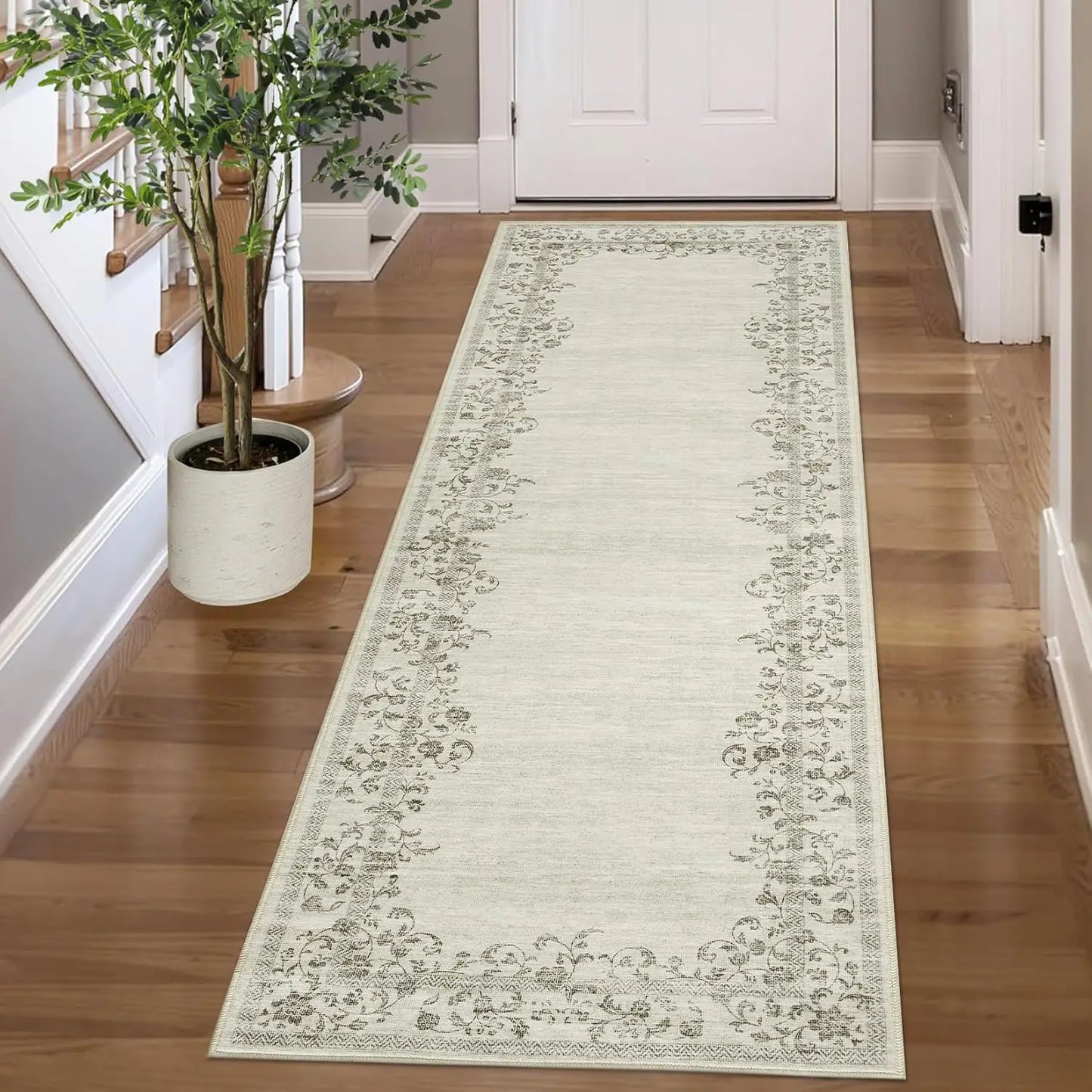 Washable Area Rug Farmhouse Floral Border Soft Indoor Carpet for Bedroom Living Room Dining Room Office
