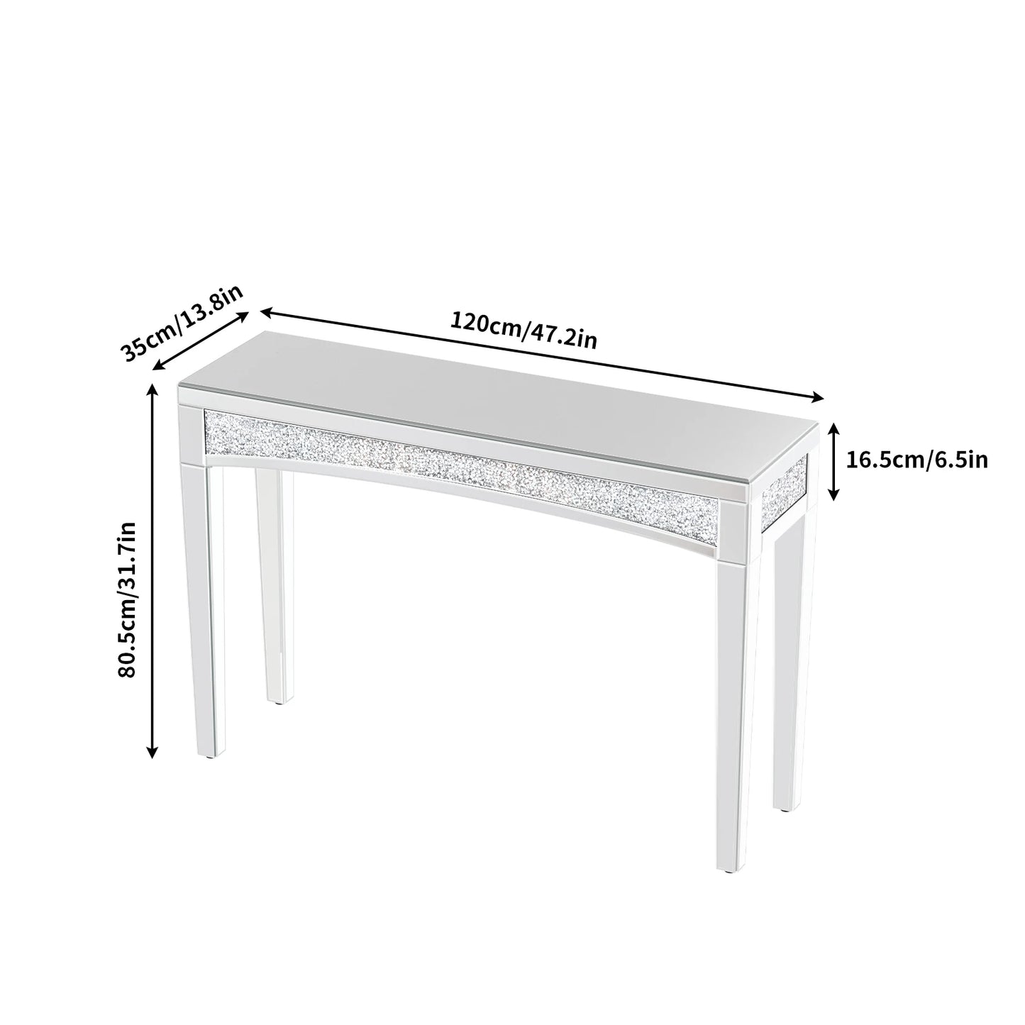 47.2" Mirrored Silver Console Table with Crystal Inlay – Modern Chic Sofa Table for Living Room, Entryway, or Foyer