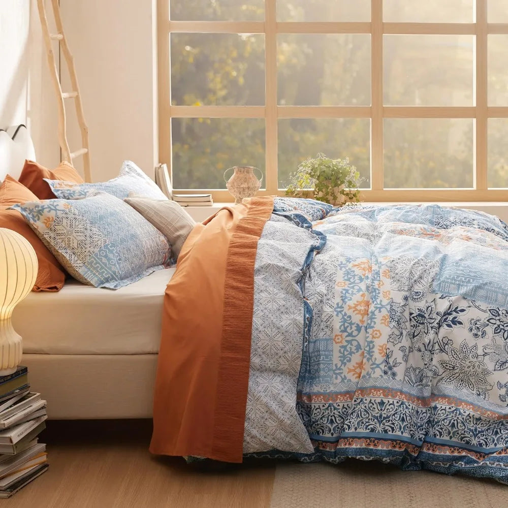 Queen Cotton Floral Duvet Cover Set – 3-Piece Reversible Soft Breathable Bedding with Zipper Closure