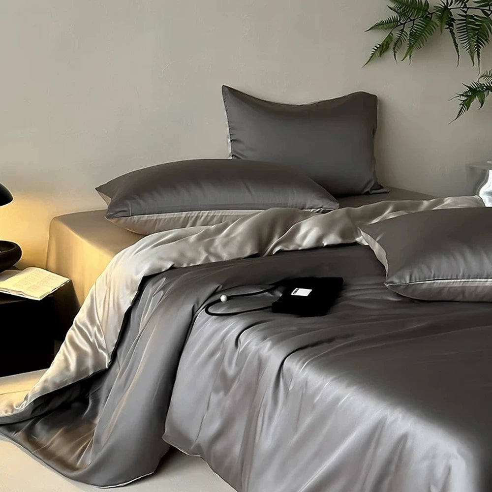 Liv Esthete 100% Silk 4-Piece Bedding Set – White Blue | Duvet Cover, Flat Sheet & 2 Pillowcases