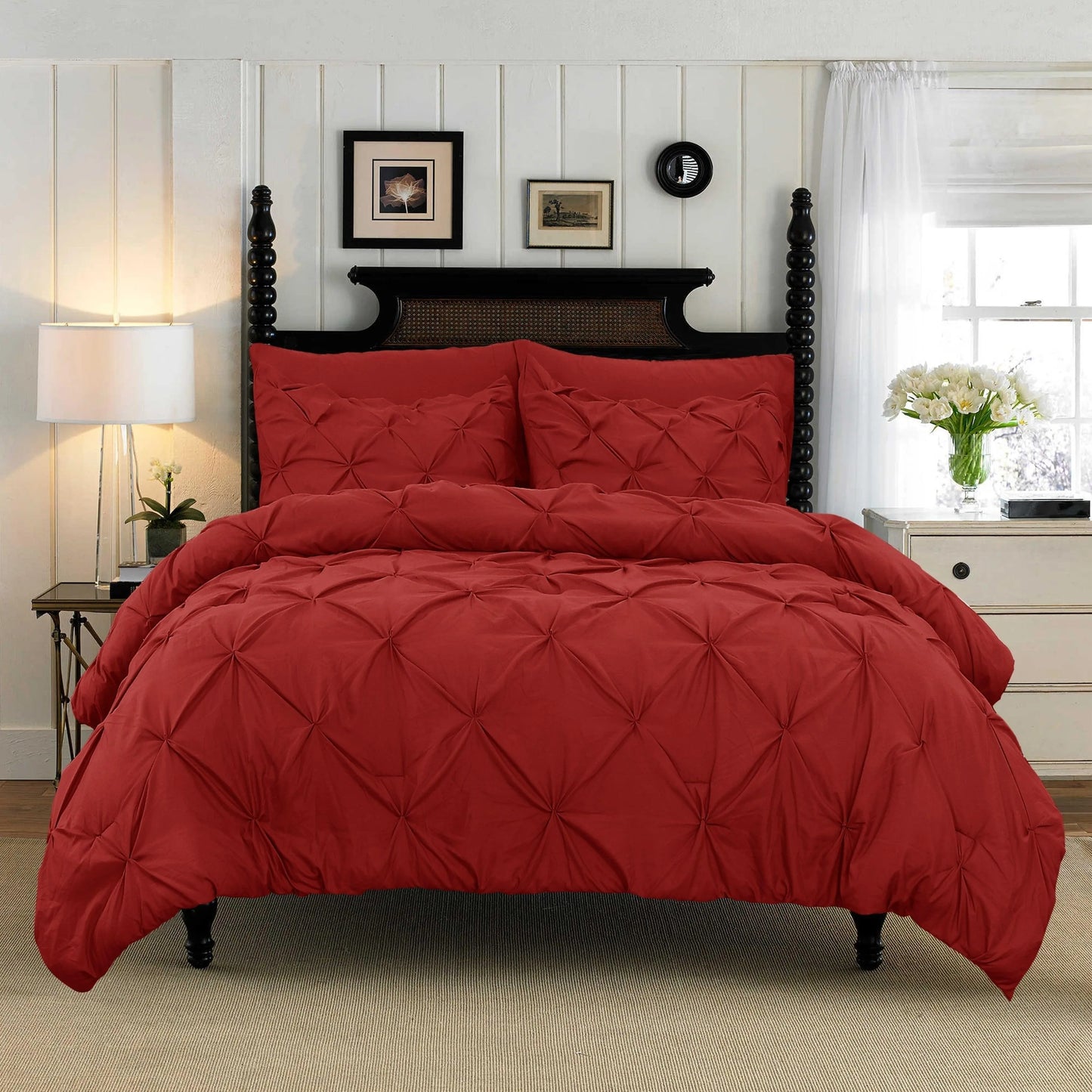 3-Piece Cotton Bedding Set – Elegant Pinch Pleated Duvet Cover with Corner Ties