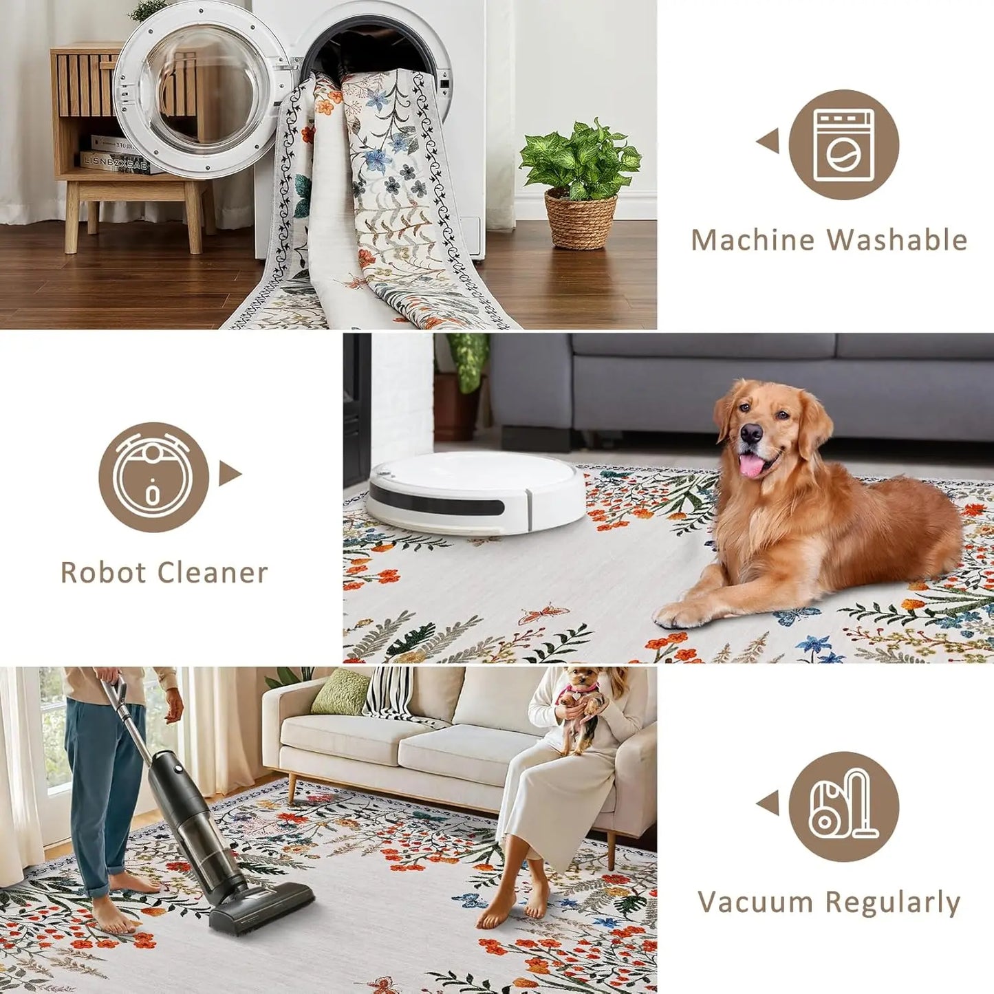 Washable Area Rugs for Living Room – Non-Slip Floral Runner Rug