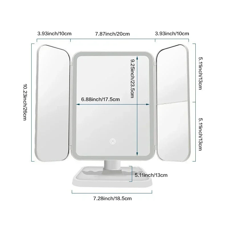 Trifold LED Makeup Mirror – Adjustable Light & Magnification ✨
