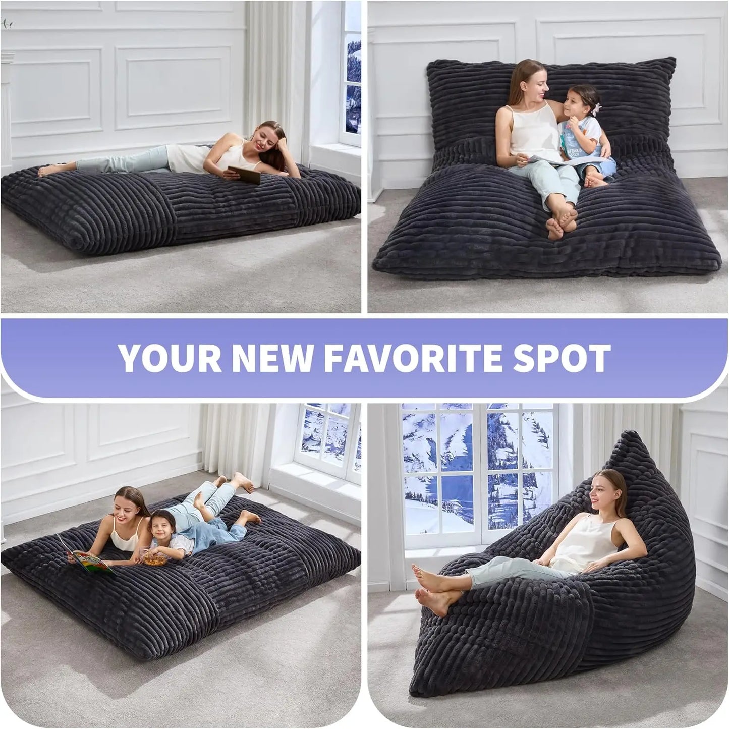 3-in-1 Giant Bean Bag Chair – Convertible Floor Cushion with Washable Cover