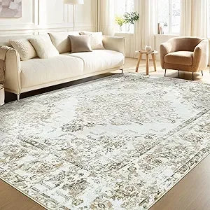 Vintage Area Rug Large Washable Low Pile Medallion Distressed Non-Slip Carpet
