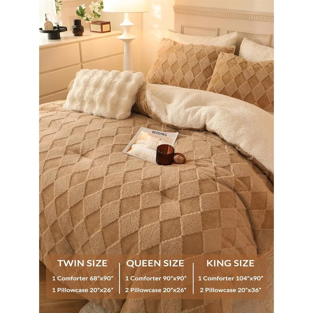 Sherpa Comforter Set β Queen Size Beige Checkered Bedding with Pillow Covers
