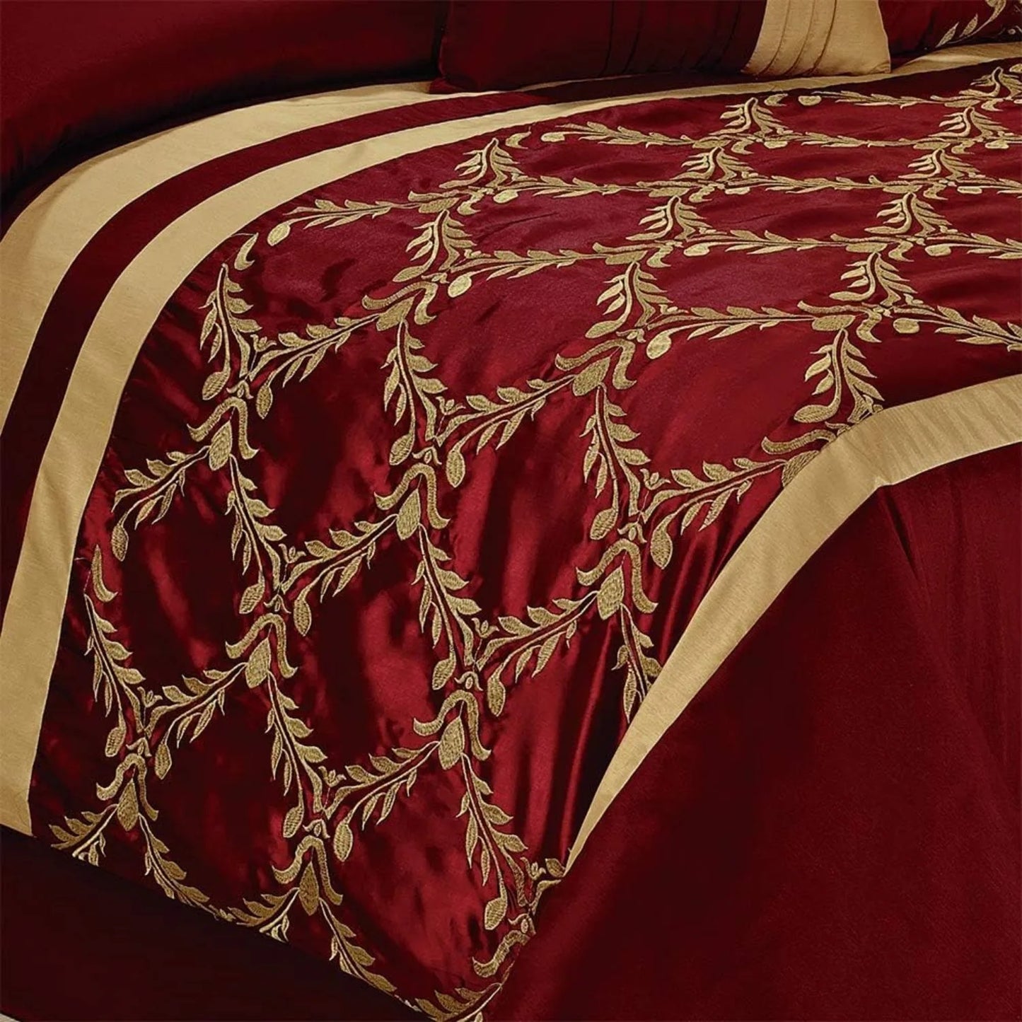 Burgundy & Gold 7-Piece Faux Silk Comforter Set β King