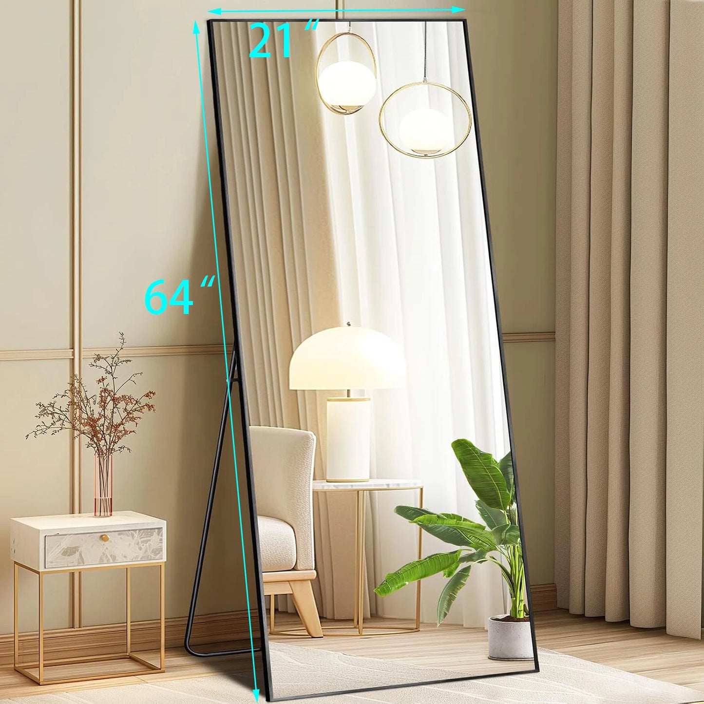 64"x21" Full-Length Floor Mirror β Aluminum Frame, Shatterproof Nano Glass