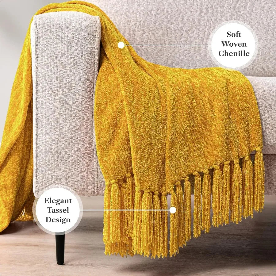 Mustard Yellow Knit Throw Blanket – 50x60 Inches, Soft Cotton with Tassels