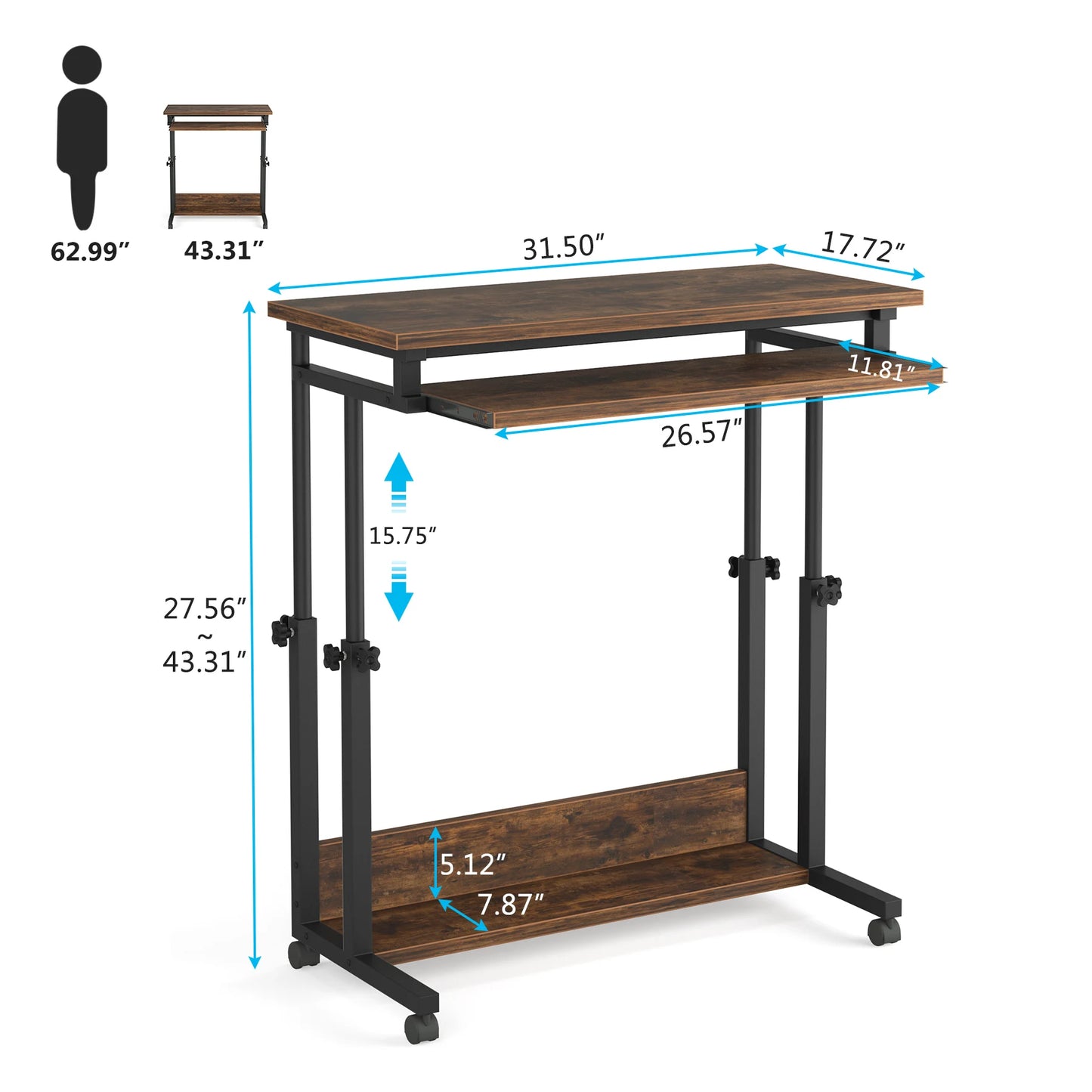 Portable Laptop Desk Height Adjustable Rolling Desk for Sofa Bed and Home Office