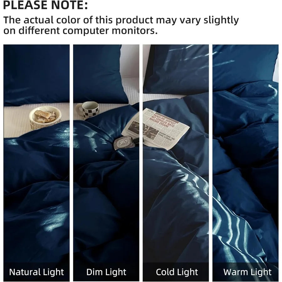 Navy Blue Duvet Cover Set – Queen Size, 3-Piece Comforter Cover