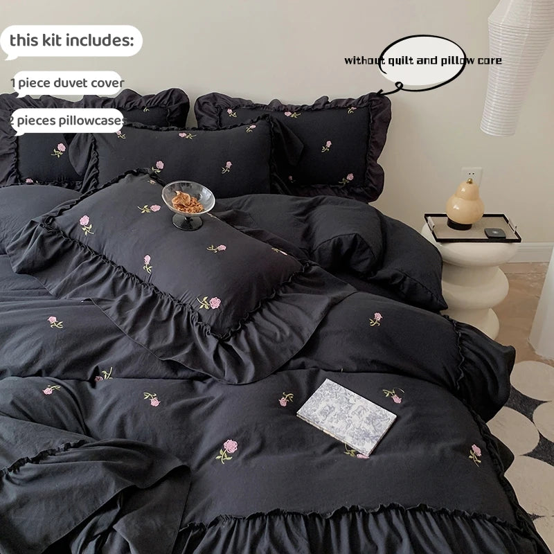 Elegant Embroidered Ruffled Duvet Cover Set (3 Pieces)
