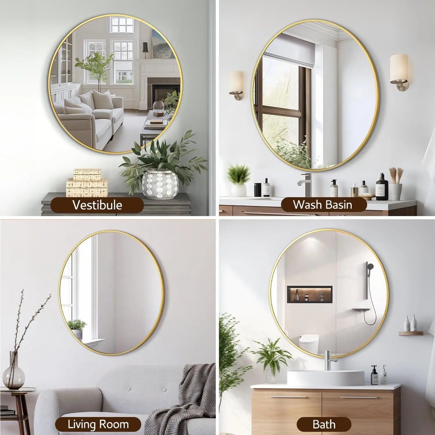 30" Round Gold Wall Mirror – Brushed Metal Frame & Tempered Glass