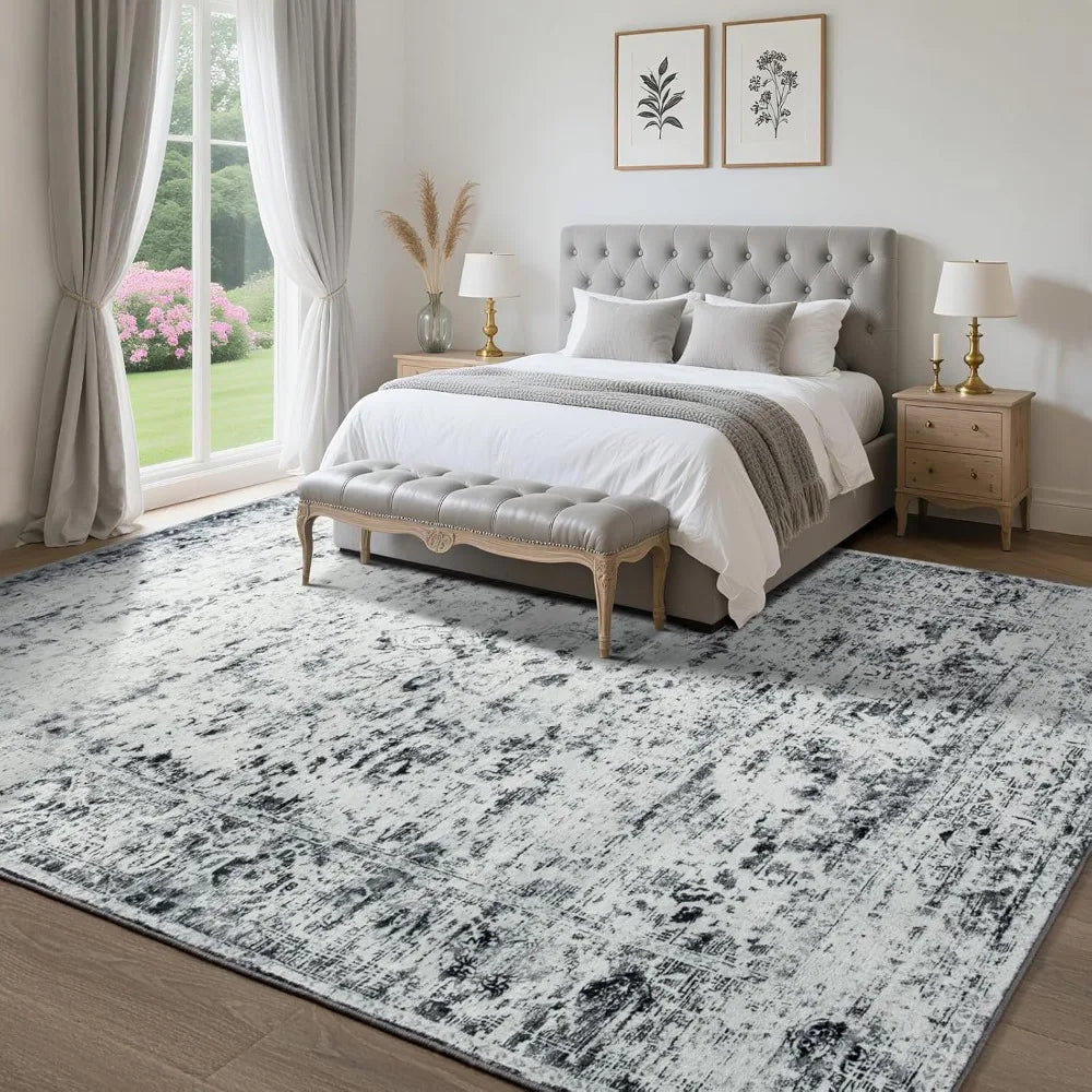 Large 8x10 Living Room Rug – Washable Grey and White Vintage Abstract Boho Low Pile Carpet with Non-Slip Backing