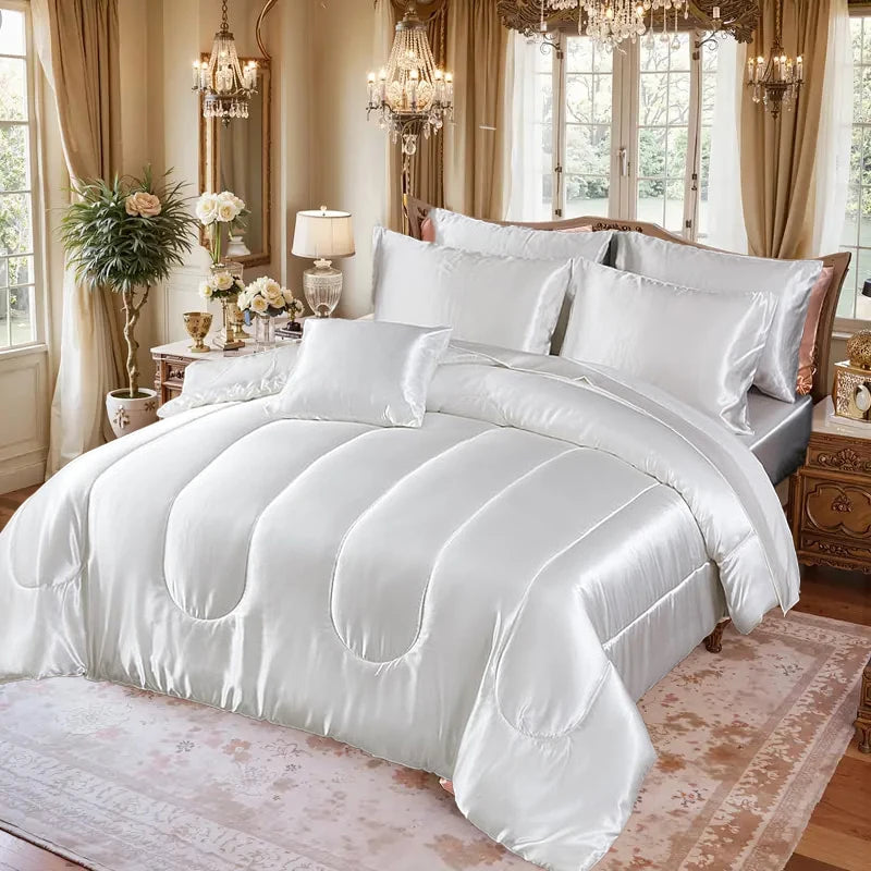 3pcs Reversible Satin Bedding Set – Luxury Soft Comforter with 2 Pillowcases, All-Season Duvet