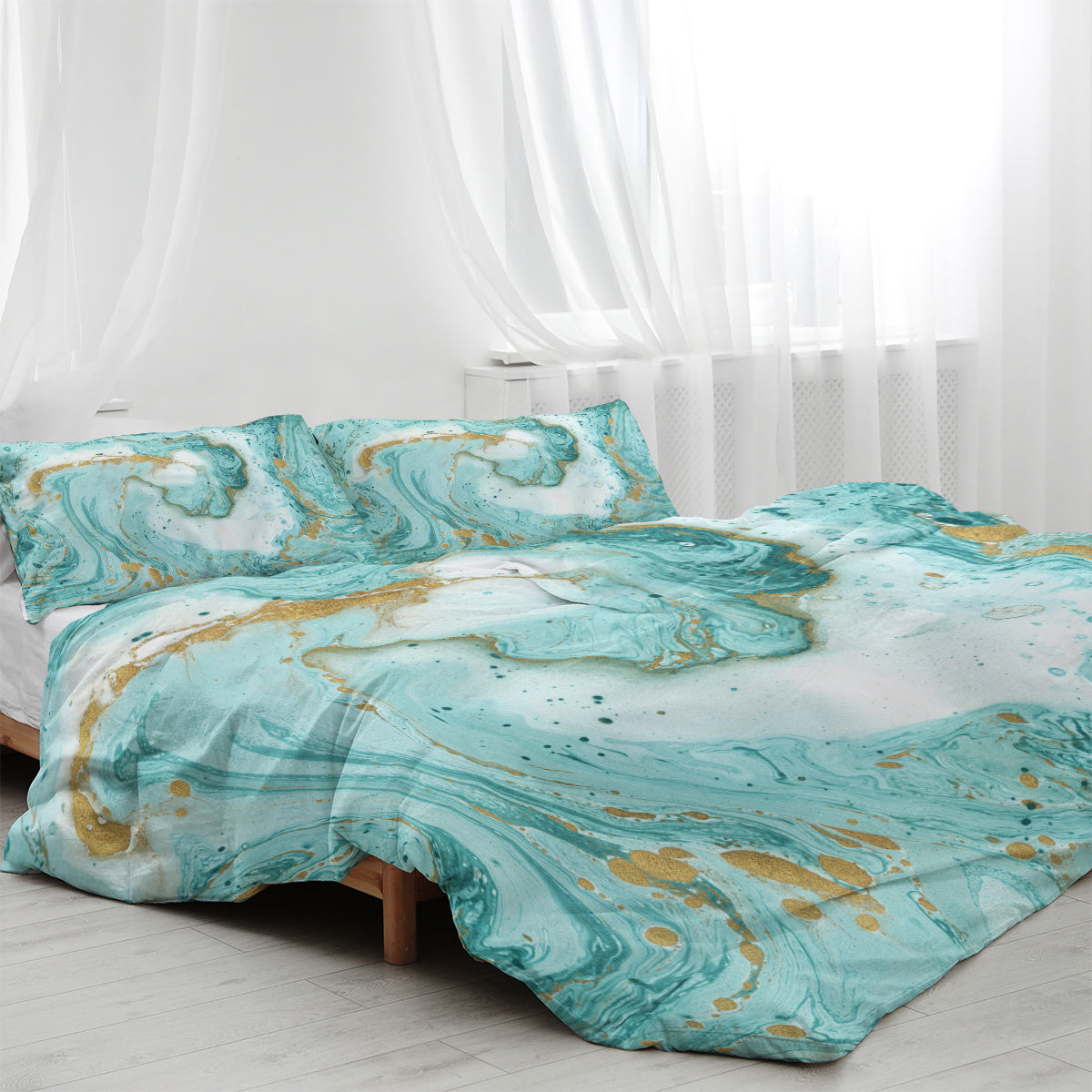 Luxury Marble Duvet Cover – Teal Blue & Gold Glitter Chic Bedding Set