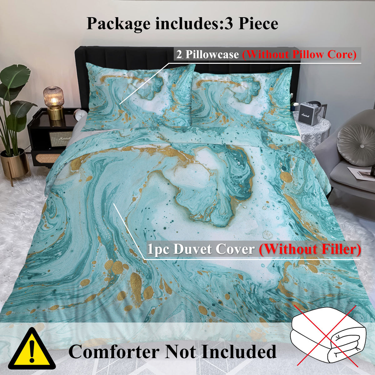 Luxury Marble Duvet Cover – Teal Blue & Gold Glitter Chic Bedding Set