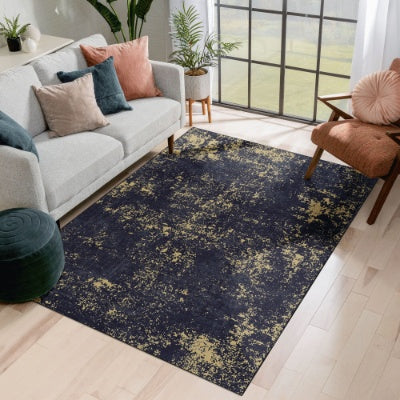 5x8 Modern Area Rug – Washable, Low-Pile, Non-Slip Carpet for Living Room (Black/Gold)