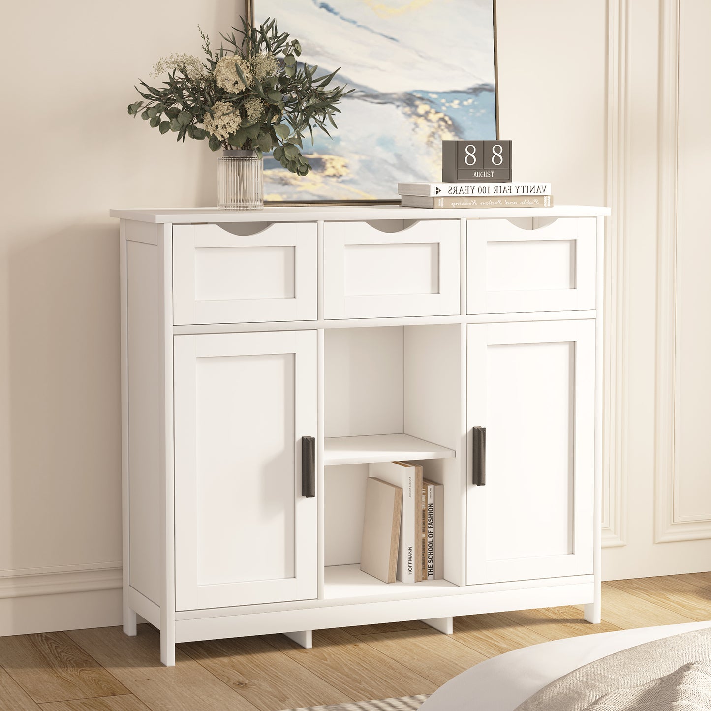 White Storage Cabinet with Drawers & Shelves – Versatile Home Décor Furniture