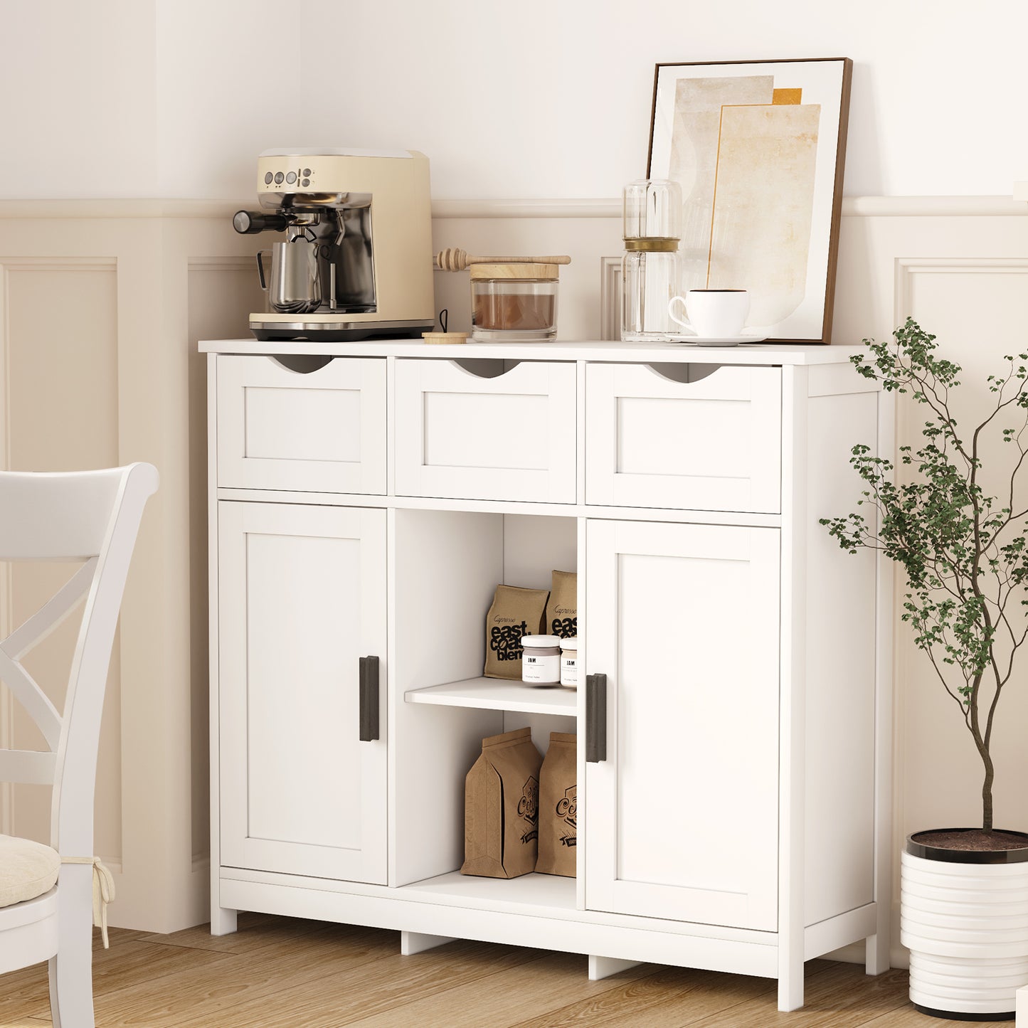 White Storage Cabinet with Drawers & Shelves – Versatile Home Décor Furniture
