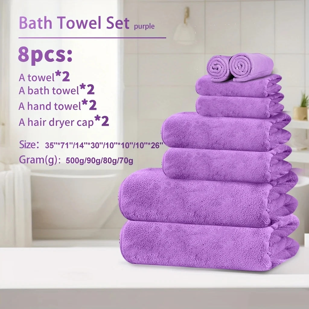 4pcs Coral Fleece Towel Set – XL Bath Towel, Hand Towel, Washcloth & Hair Drying Cap