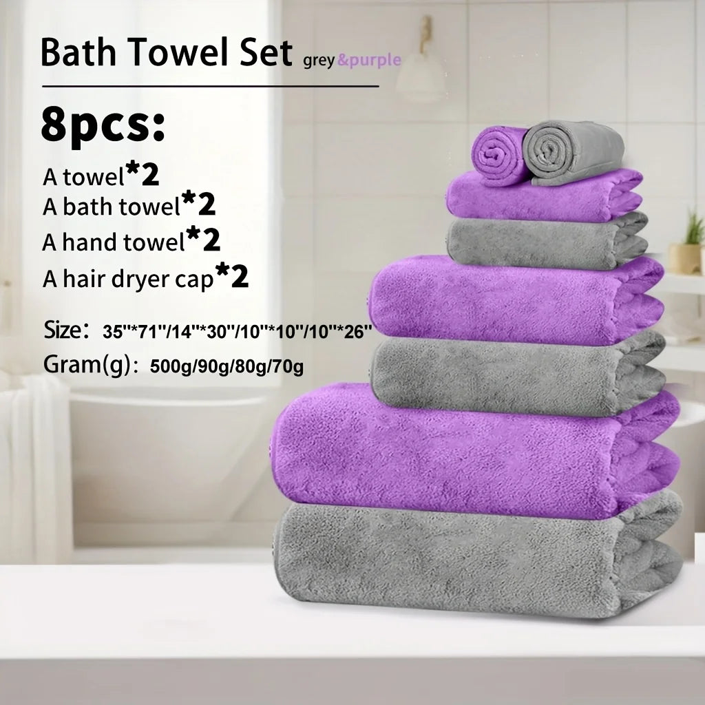 4pcs Coral Fleece Towel Set – XL Bath Towel, Hand Towel, Washcloth & Hair Drying Cap