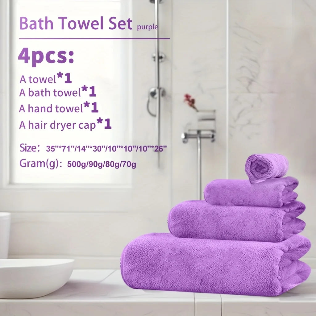 4pcs Coral Fleece Towel Set – XL Bath Towel, Hand Towel, Washcloth & Hair Drying Cap