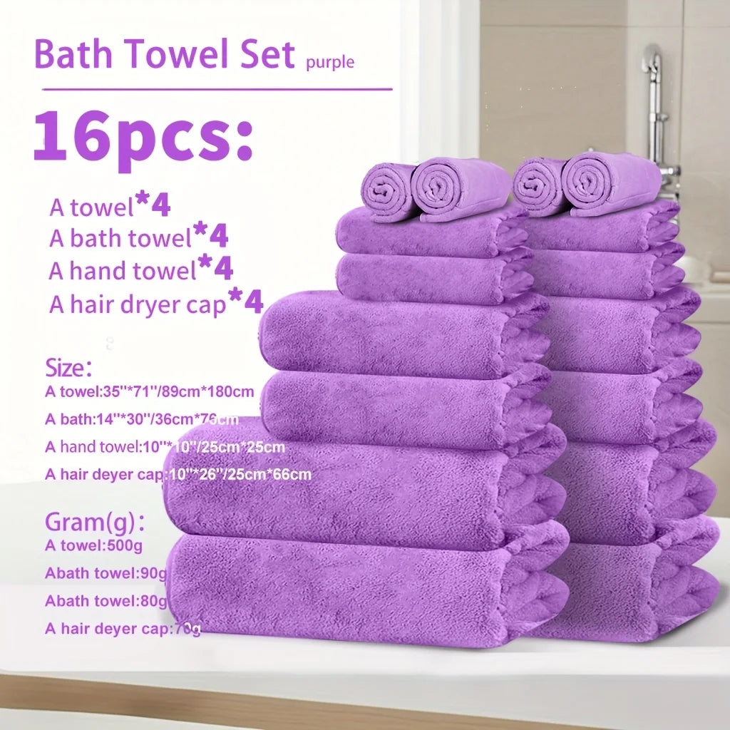 4pcs Coral Fleece Towel Set – XL Bath Towel, Hand Towel, Washcloth & Hair Drying Cap