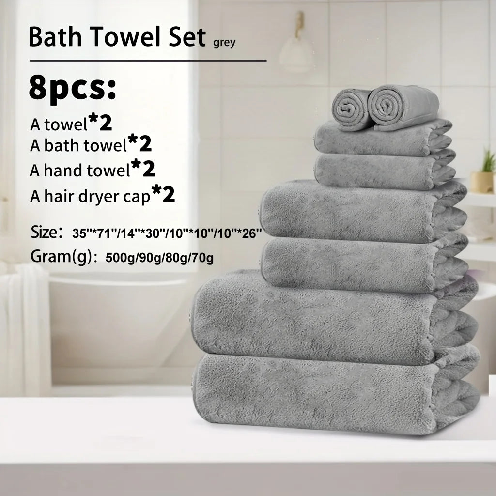 4pcs Coral Fleece Towel Set – XL Bath Towel, Hand Towel, Washcloth & Hair Drying Cap