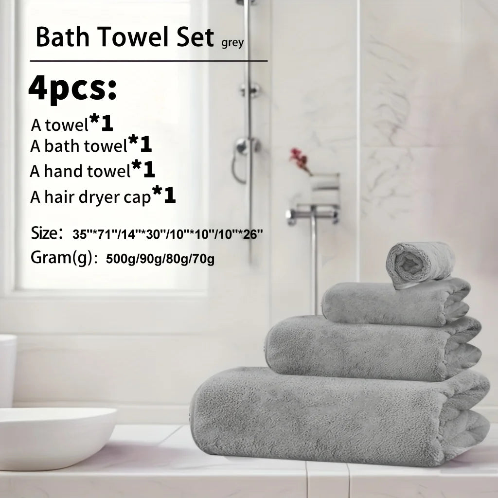 4pcs Coral Fleece Towel Set – XL Bath Towel, Hand Towel, Washcloth & Hair Drying Cap