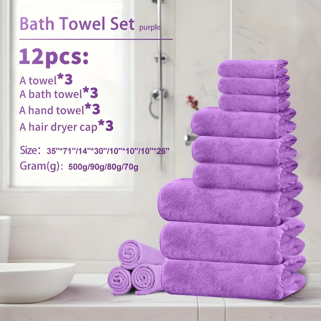 4pcs Coral Fleece Towel Set – XL Bath Towel, Hand Towel, Washcloth & Hair Drying Cap