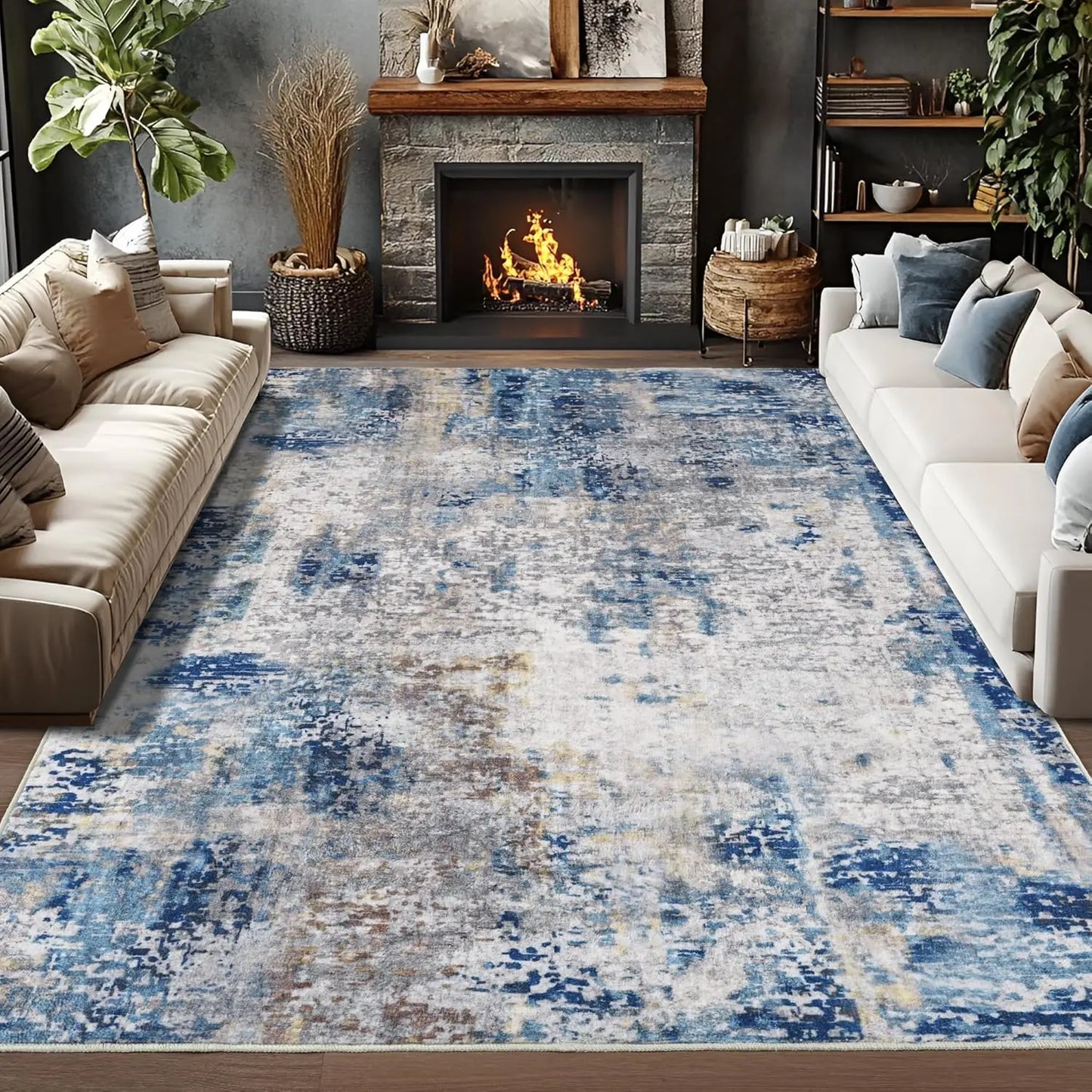Living Room Area Rug Soft Large Modern Abstract Boho Vintage Low Pile Machine Washable Non-Slip