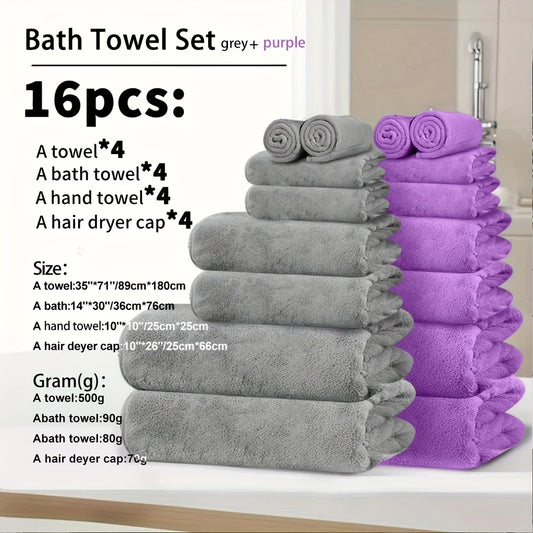 4pcs Coral Fleece Towel Set – XL Bath Towel, Hand Towel, Washcloth & Hair Drying Cap