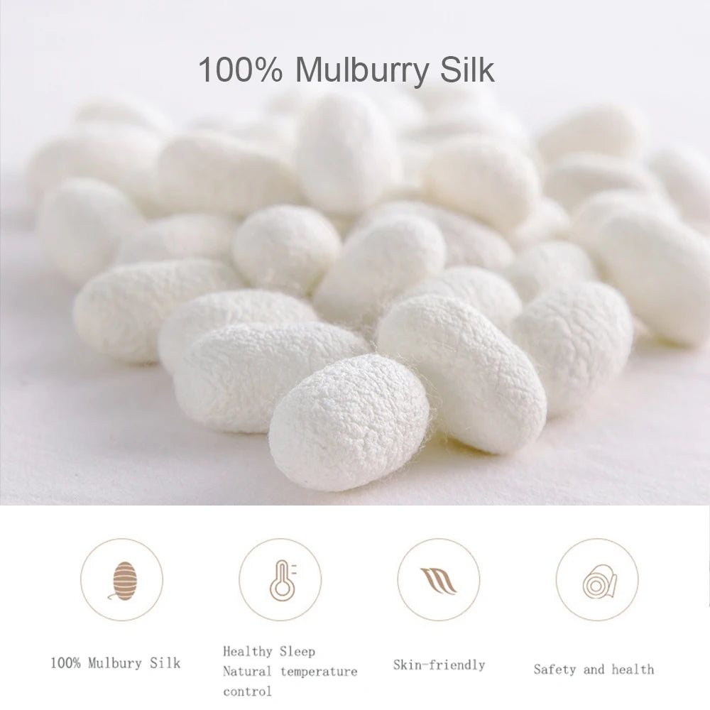 Liv Esthete 100% Silk 4-Piece Bedding Set – White Blue | Duvet Cover, Flat Sheet & 2 Pillowcases