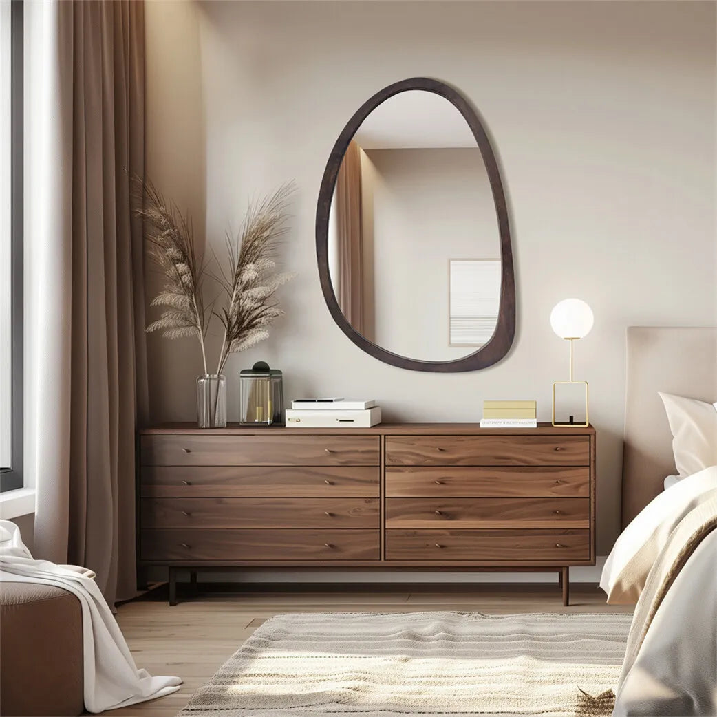 Irregular Decorative Wall Mirror with Black Walnut Wood Frame – Modern Asymmetrical Accent Mirror