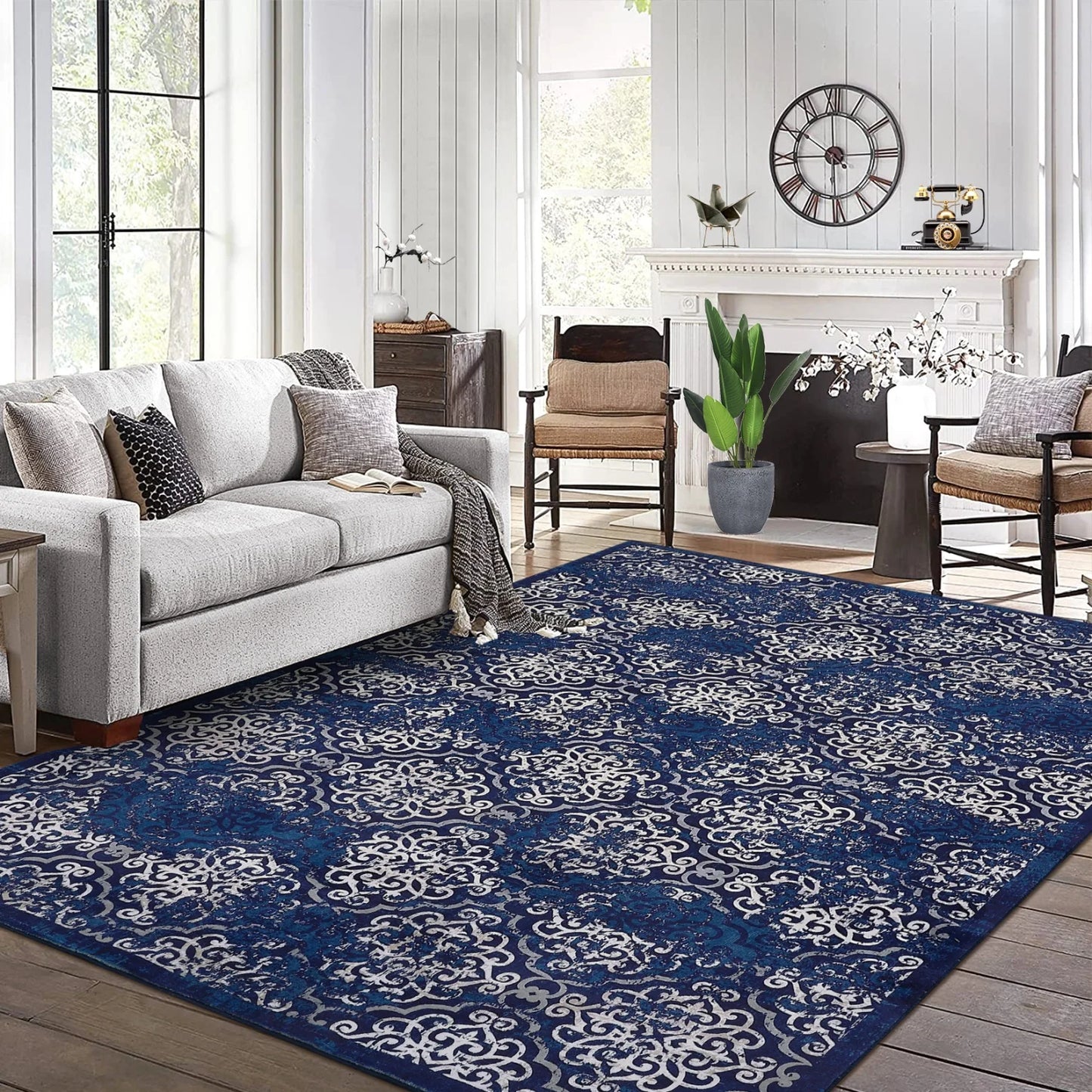 Soft Floral Washable Area Rug – Large Low Pile Carpet for Living Room or Bedroom