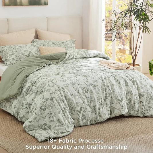 King Size Floral Comforter Set – Sage Green (3-Piece)  100% Cotton & Microfiber Filled Bedding with Reversible Design