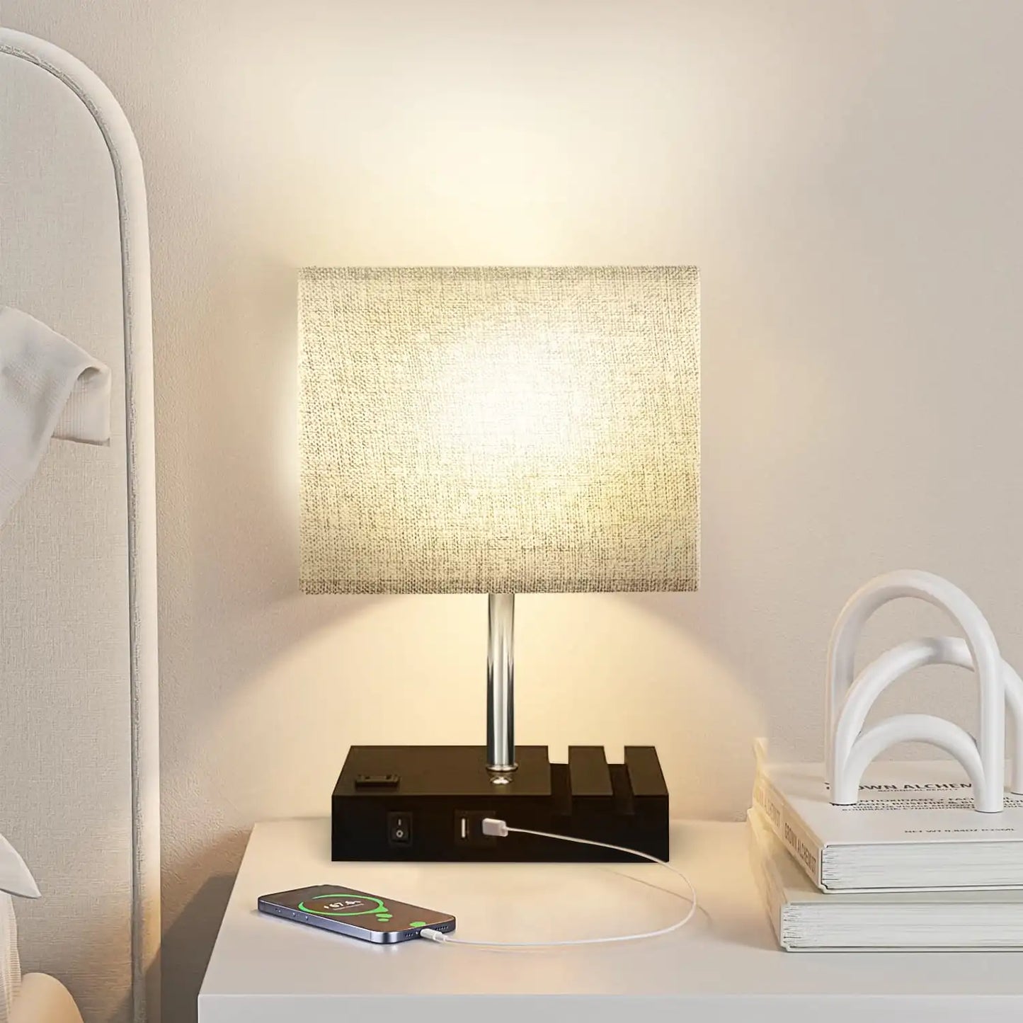 Bedside Table Lamp with USB & AC Outlet – 3-Level Dimmable Touch Desk Lamp