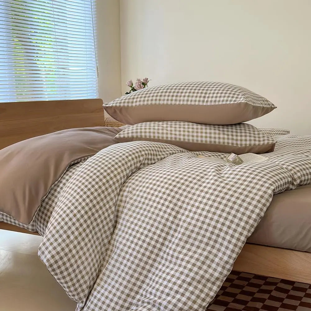 Queen Gingham Plaid Duvet Cover Set – Tan Washed Microfiber, Soft & Lightweight Bedding
