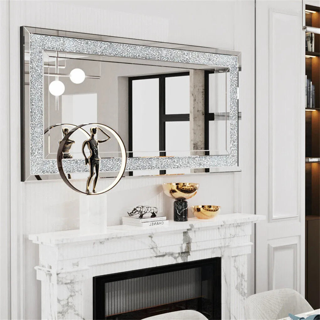 120x60cm Crystal Crush Diamond Wall Mirror – Silver Rectangular Decorative Mirror for Bathroom, Bedroom, Dining Room, and Living Room