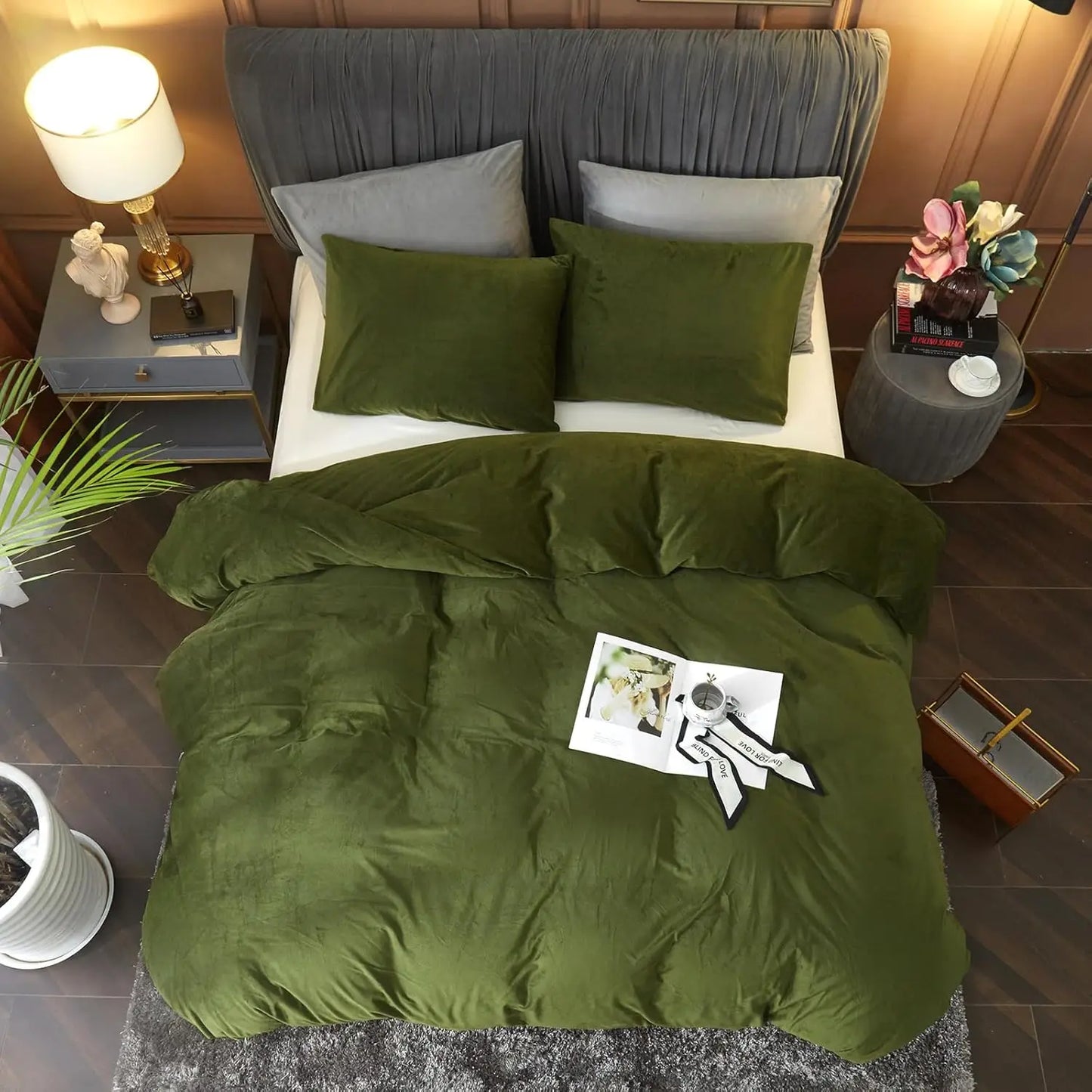 Sage Green Velvet Queen Duvet Cover Set – 3-Piece Ultra-Soft Flannel Velour Bedding