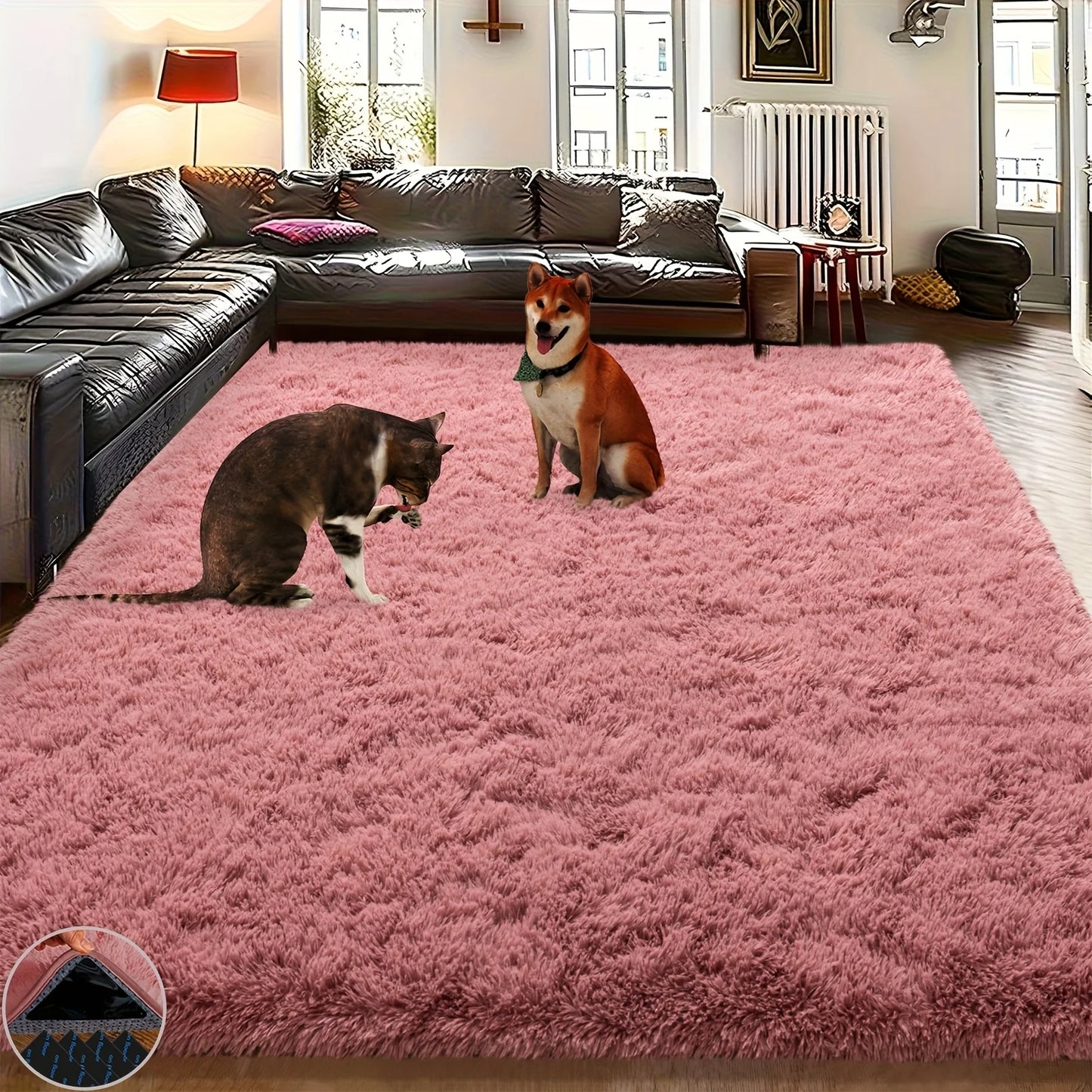 Bean Paste Color Fluffy Plush Non-Slip Carpet – Soft Area Rug with 4 Stickers