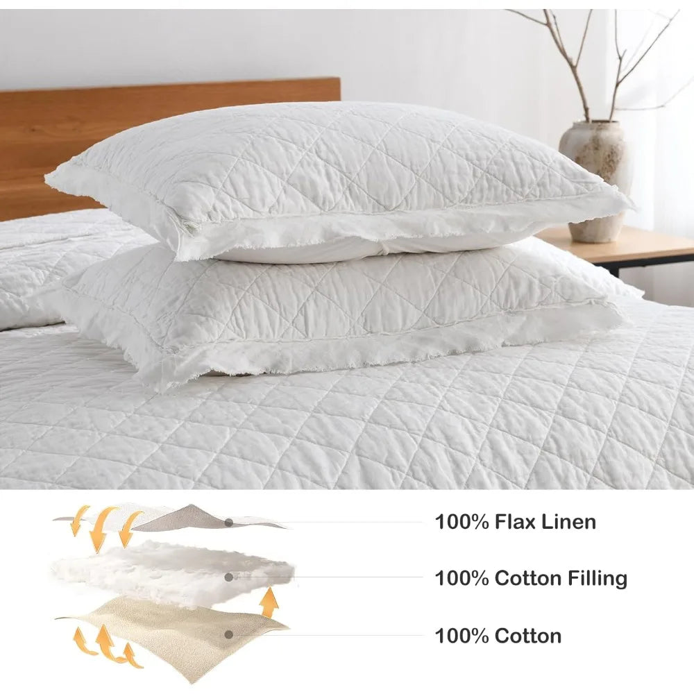 King Size Linen-Cotton Quilt Set – Pre-Washed White, Diamond Stitch Pattern, Pillow Shams Included