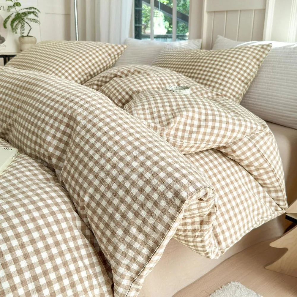 Queen Size Plaid Duvet Cover Set – Soft 100% Washed Cotton