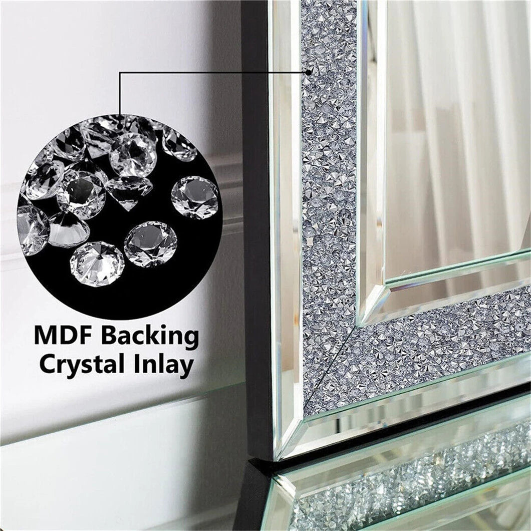 Large Crystal Diamond Wall Mirror – 23.6 x 35.4 in Silver Beveled Glass Mirror for Living Room, Bedroom, or Hallway