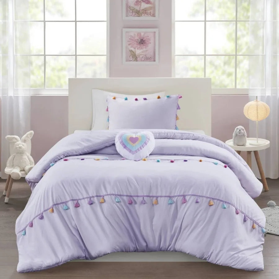 Tassel Comforter Set with Heart Shaped Throw Pillow Full Queen
