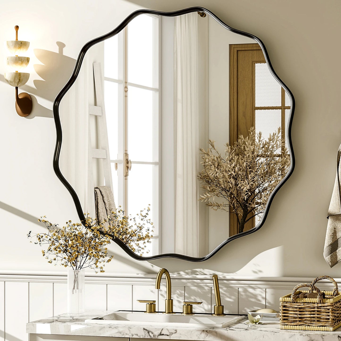 Wavy Round Bathroom Wall Mirror – Decorative Deep Frame